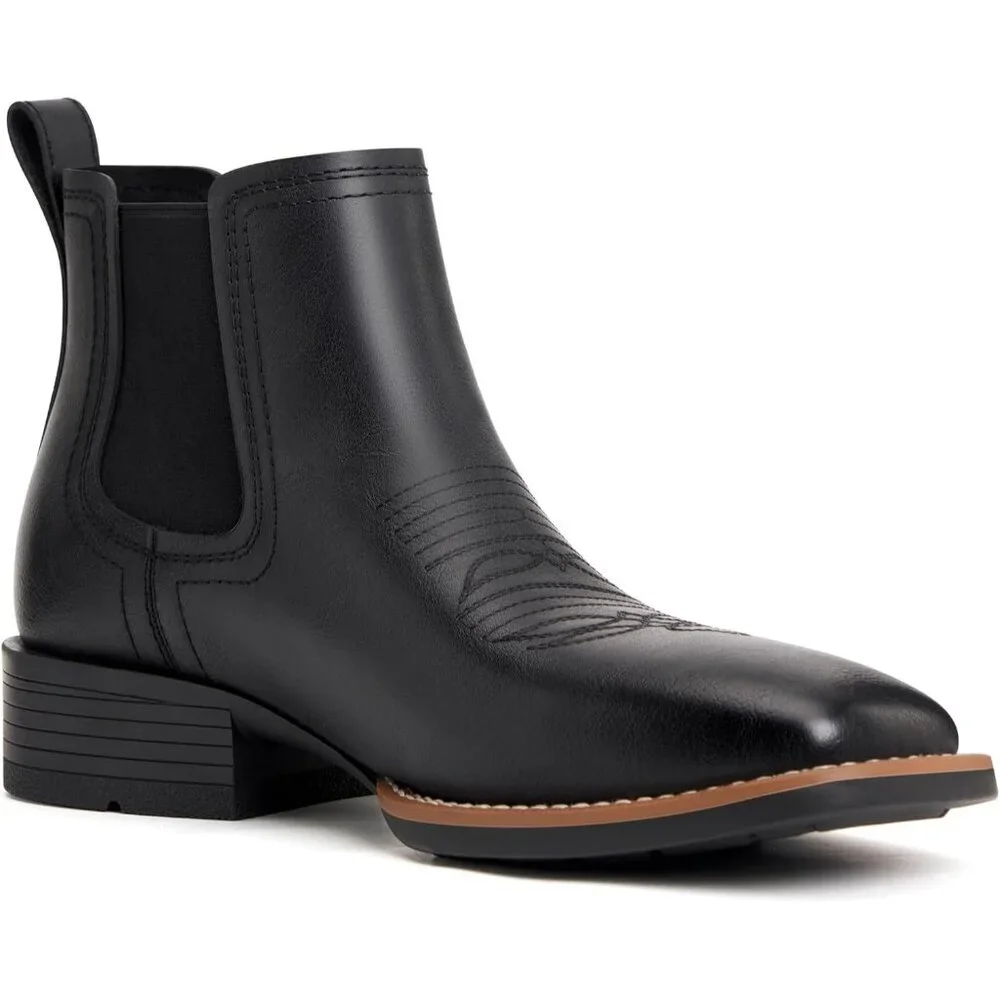 Men's Black Cowboy Boots Square Toe Western Boots Slip On Casual Retro Boots